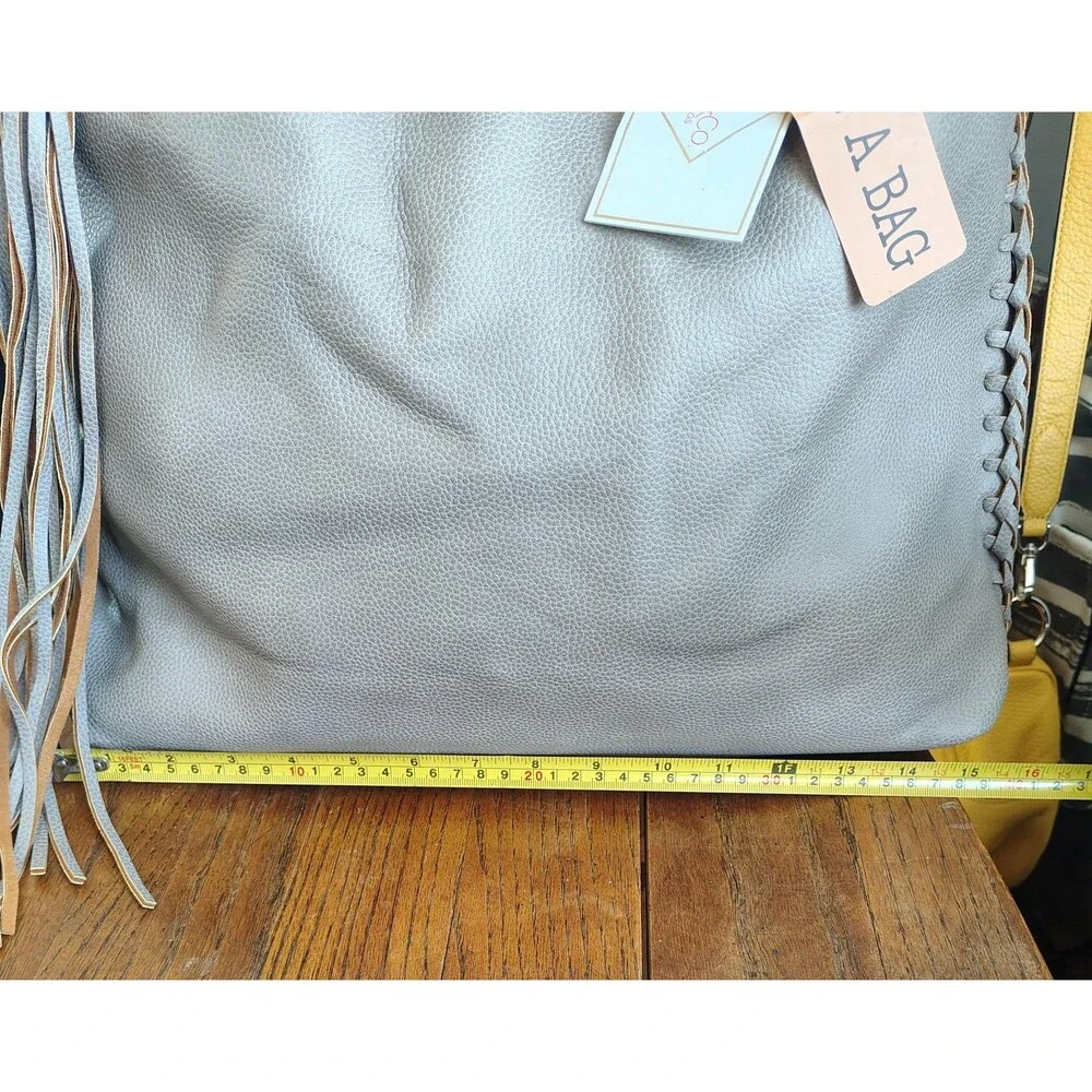 Jen Co Tote Large Gray Bag In A Bag Tassel Pouch Purse Vegan Faux Leather Beige - Picture 4 of 16